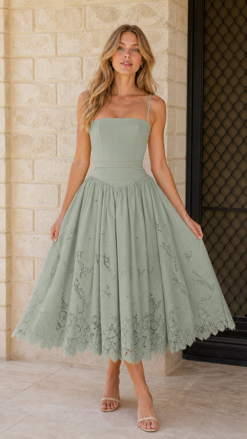Front view of sage midi dress