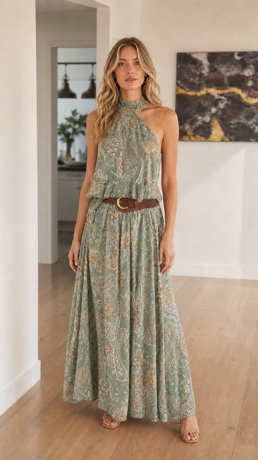 Woman wearing Sage Green Bohemian Paisley Halter Maxi Dress