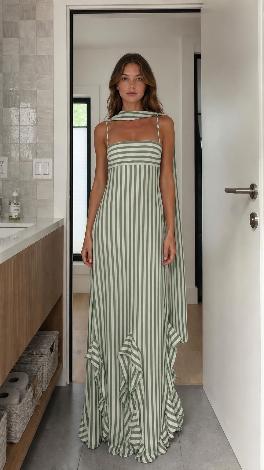 Model wearing sage green striped maxi dress variant