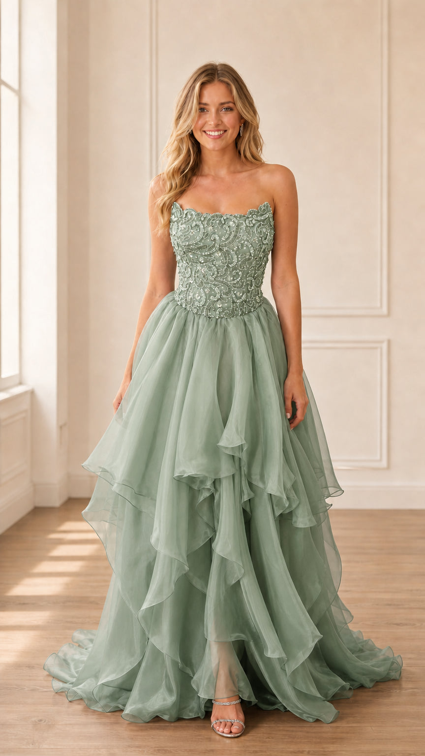 Model wearing sage green strapless beaded tiered gown