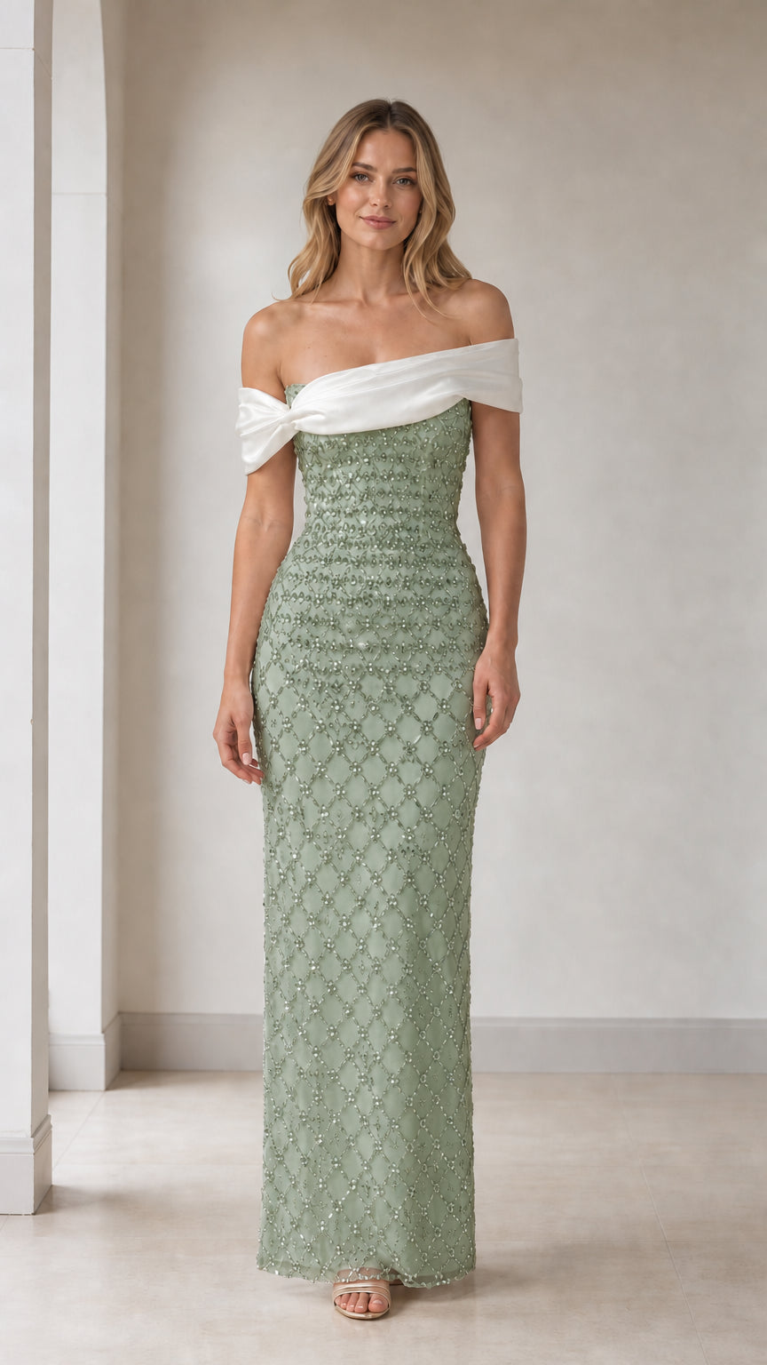 Front view of sage green off-shoulder beaded evening gown