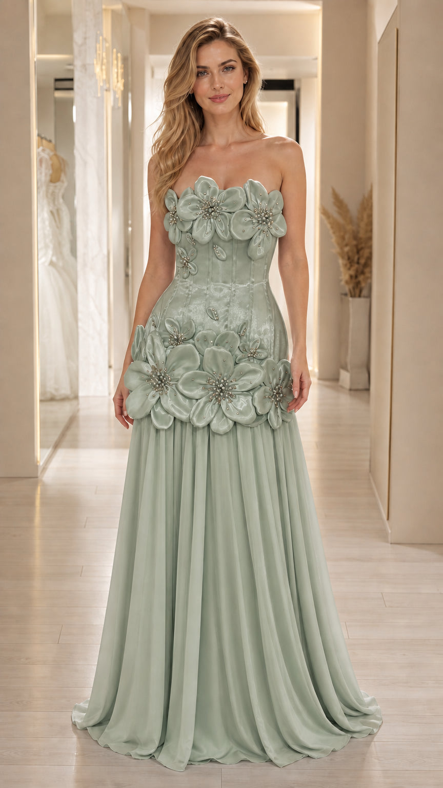Front view of sage green 3D floral strapless evening gown