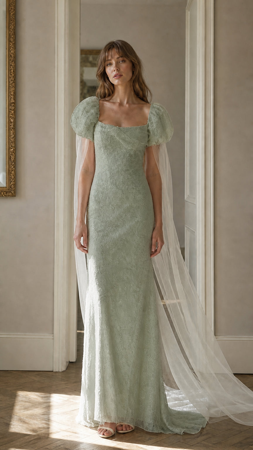Front view of sage green lace maxi dress with cape