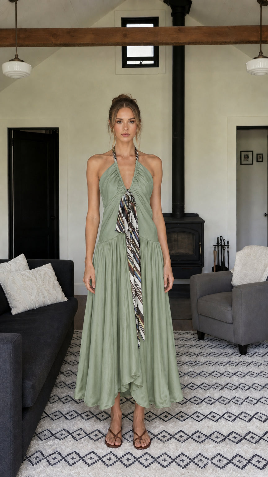 Front view of woman wearing sage green halter neck long dress