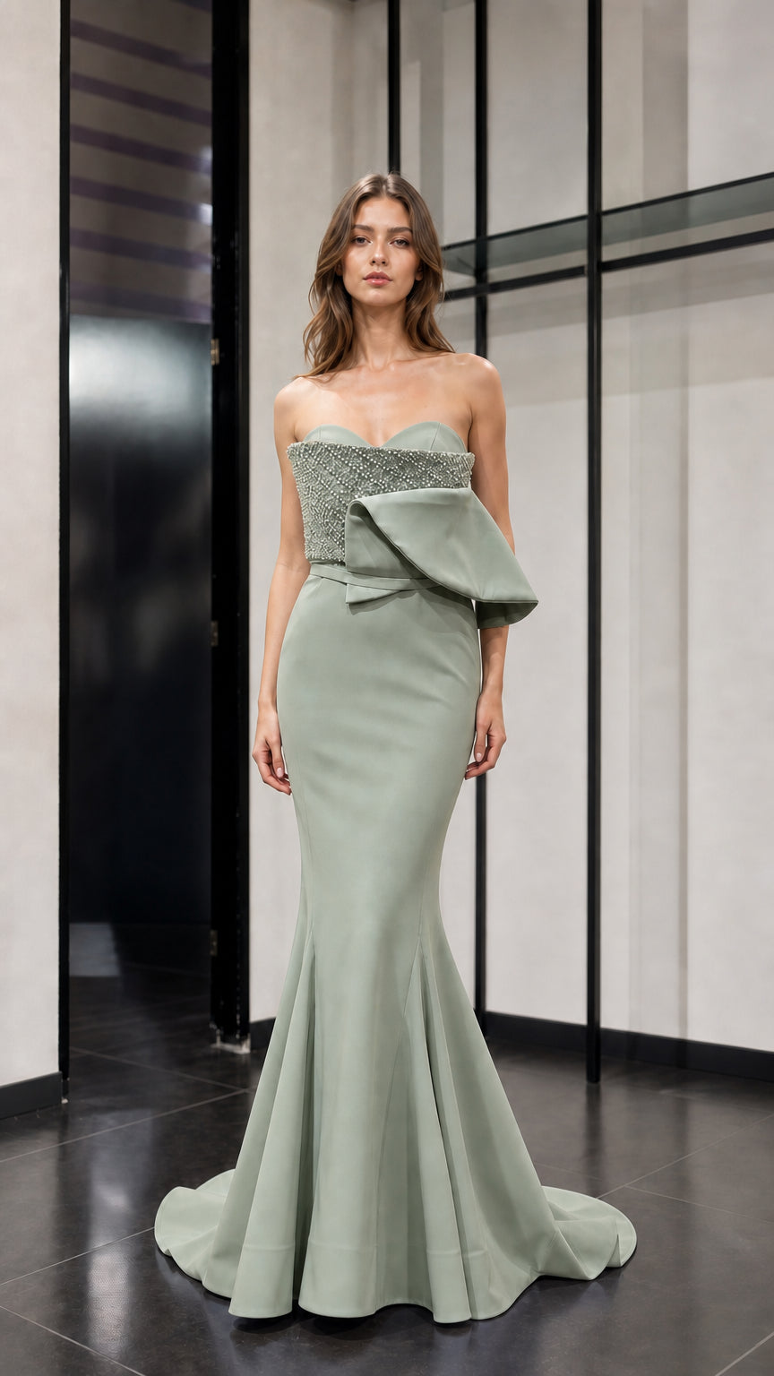 Front view of sage green evening gown variant