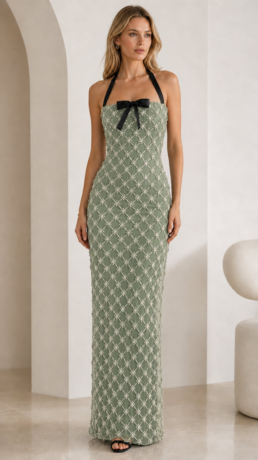 Sage green rhinestone halter maxi dress