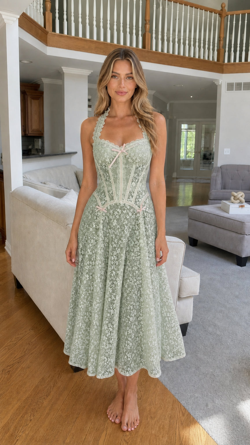 Woman wearing sage green lace corset midi dress