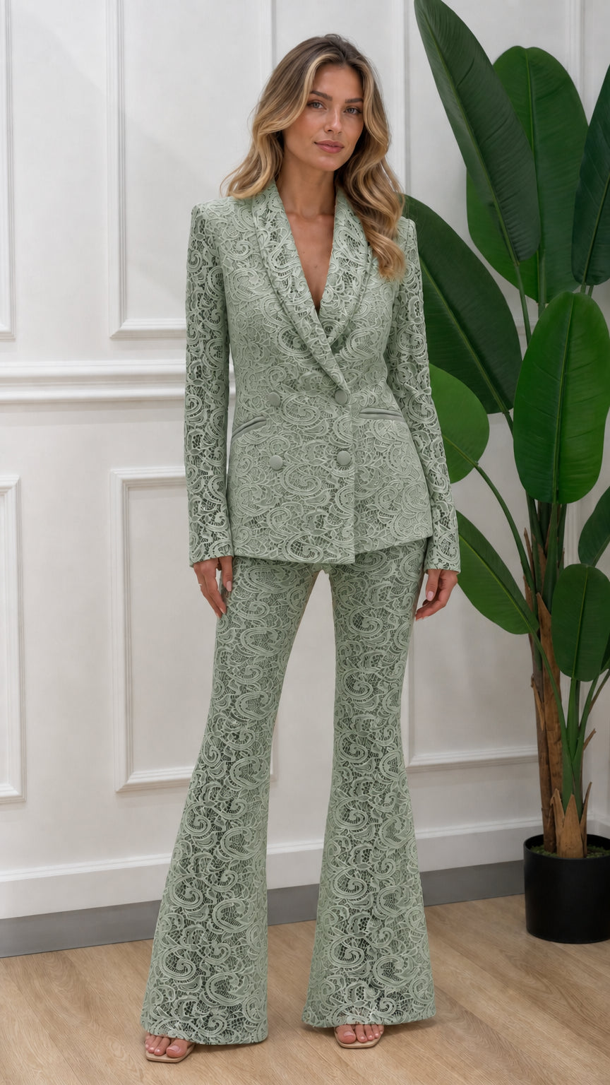 Full length front view of sage green lace suit