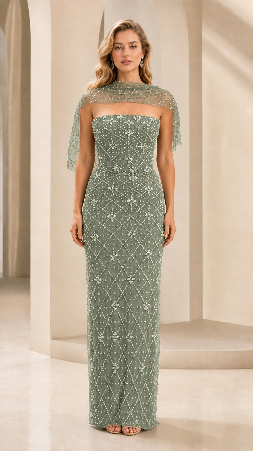 Front view of sage green beaded strapless evening gown