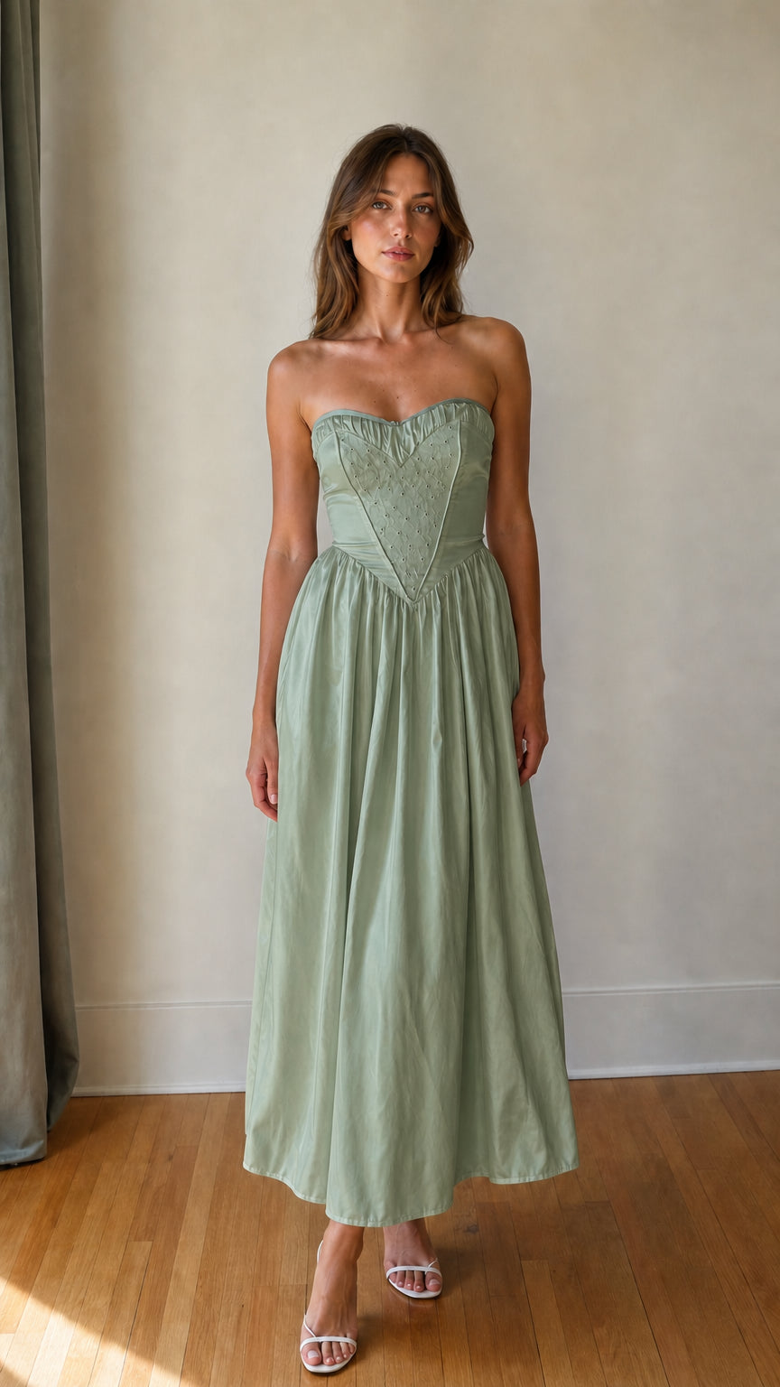 Front view of Sage strapless maxi dress
