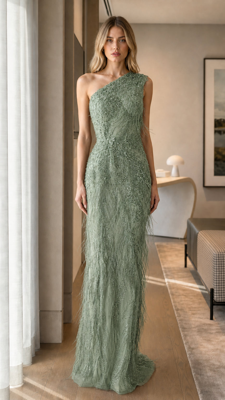 Sage One-Shoulder Beaded Formal Evening Dress Front View