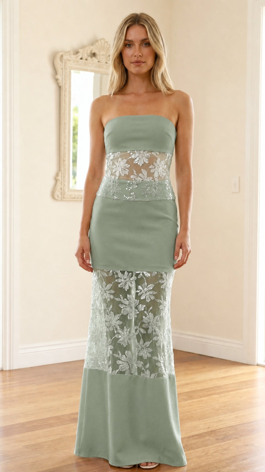Model wearing sage green strapless sequin mesh maxi dress