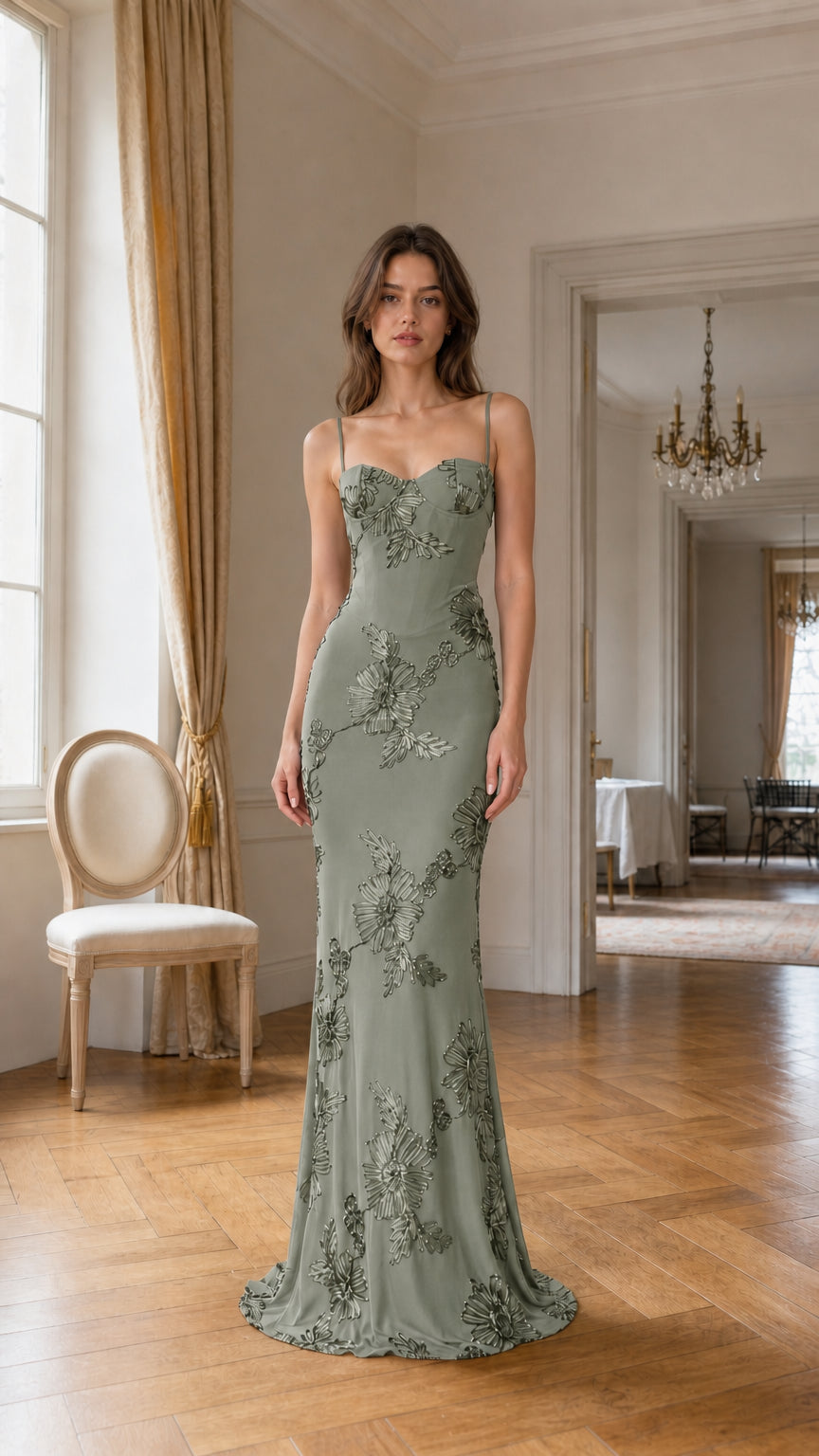 Front view of sage evening gown