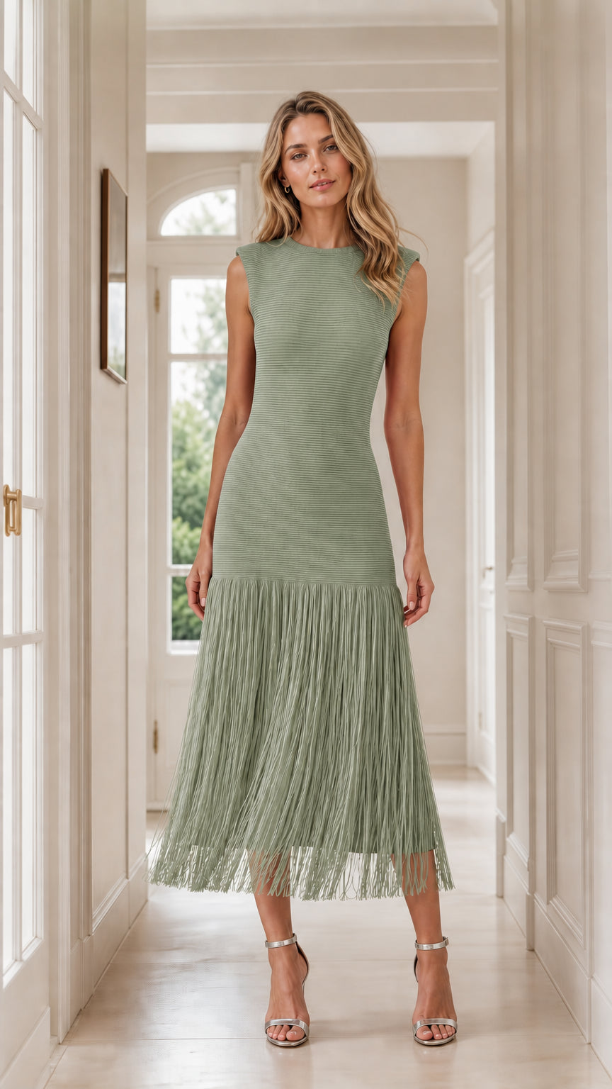 Front view of model wearing sage green color variant