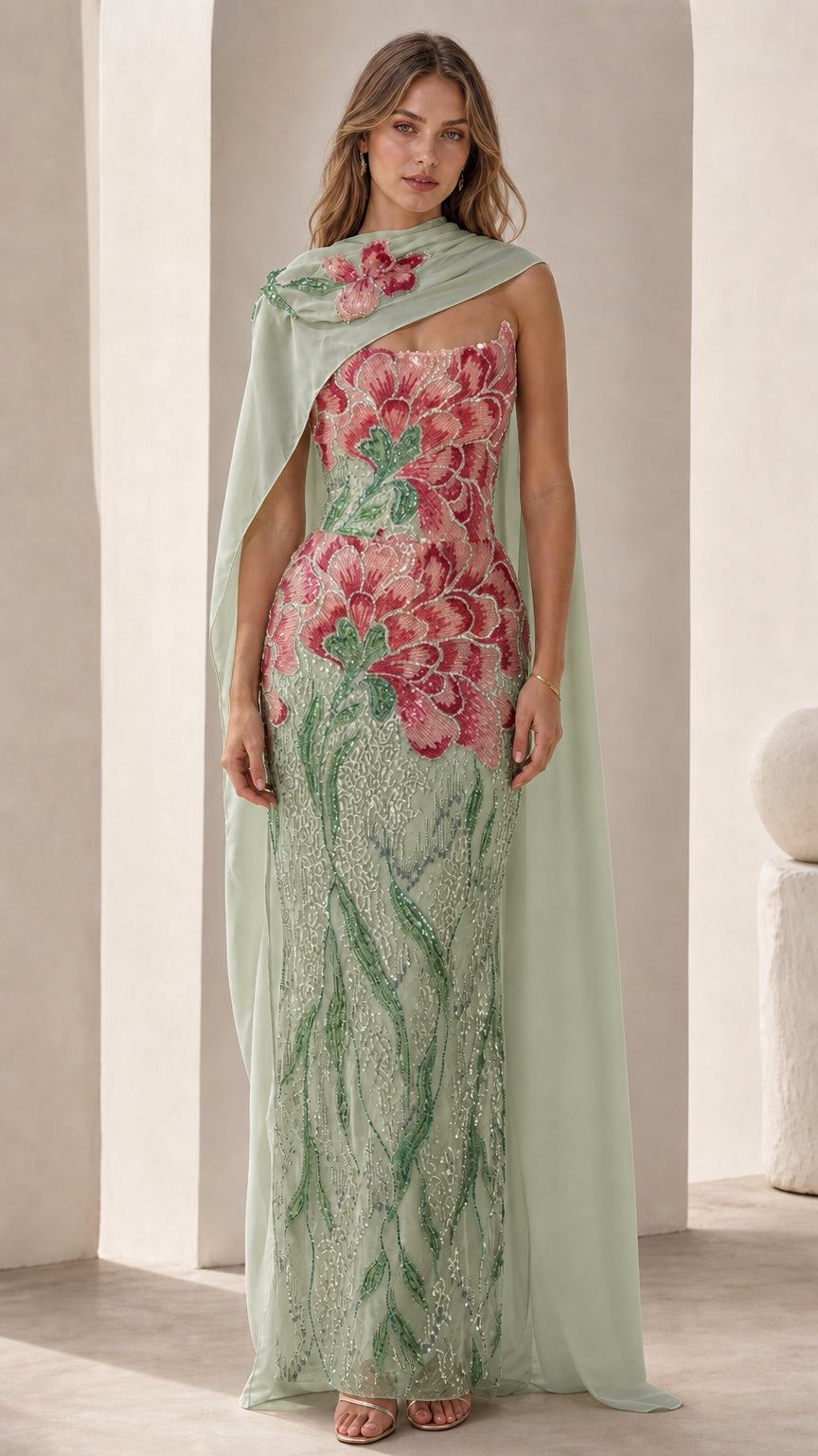 Sage green variant of the embroidered floral strapless evening gown with cape