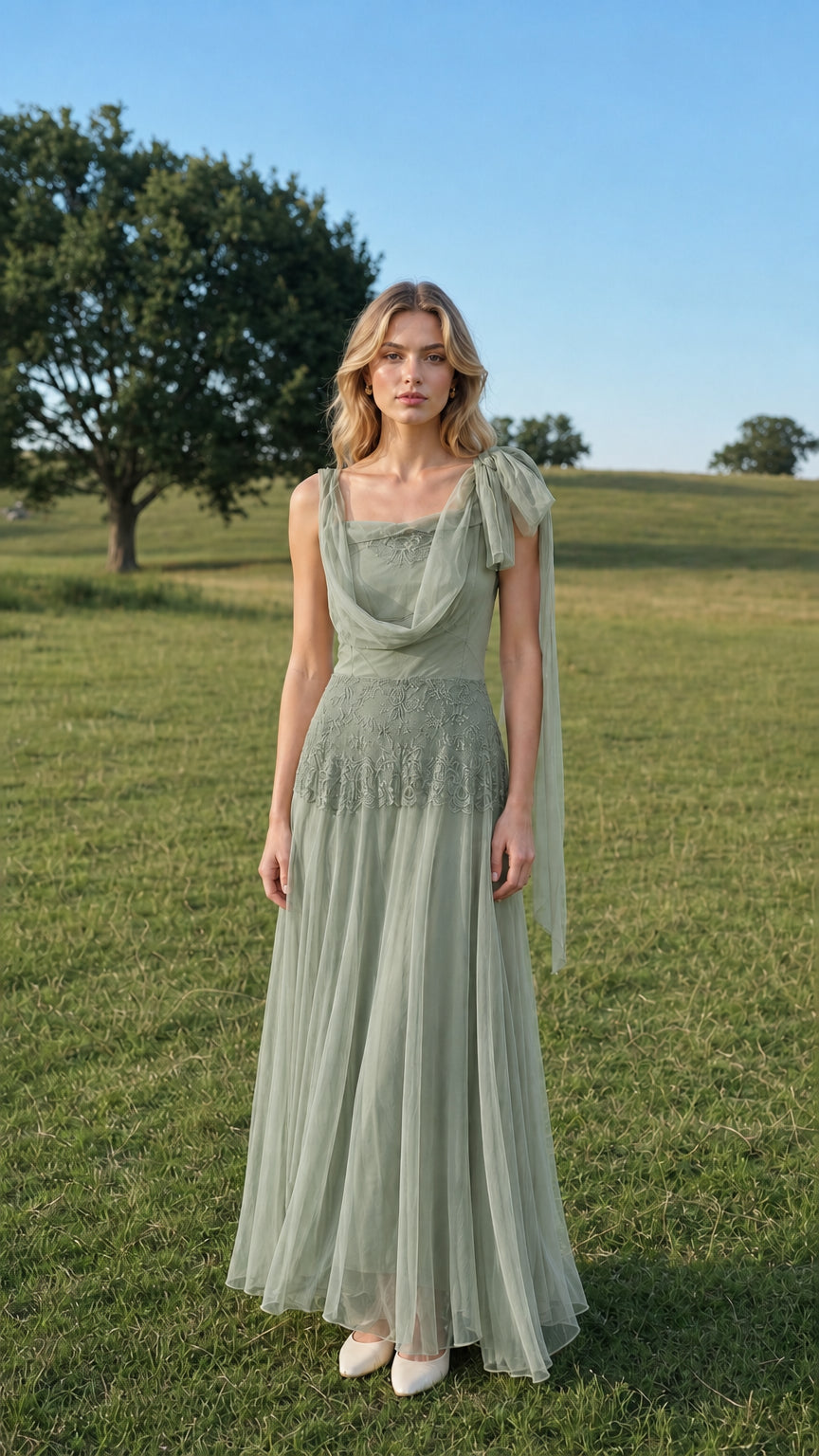 Front view of model wearing sage green tulle maxi dress