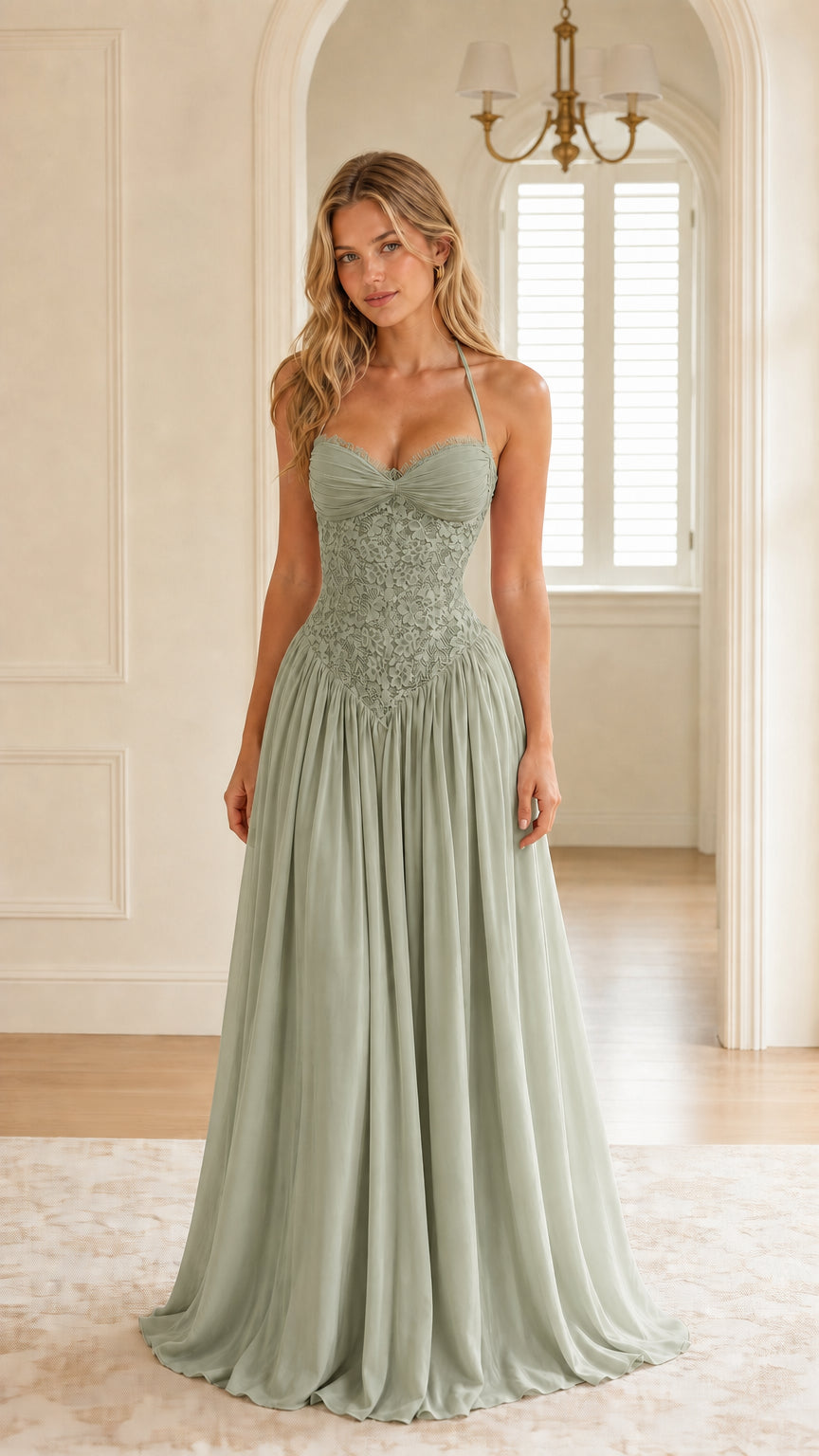 Front view of sage color variant evening gown