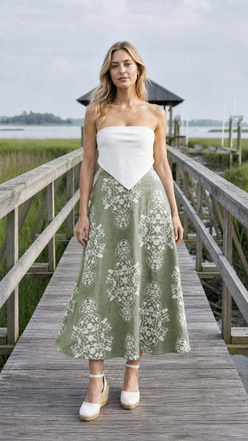 Front view of sage green floral midi skirt variant