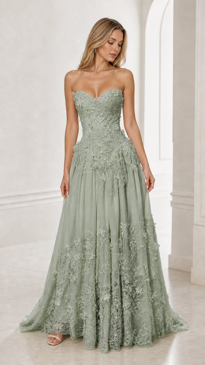 Front view of sage green strapless floral applique ball gown