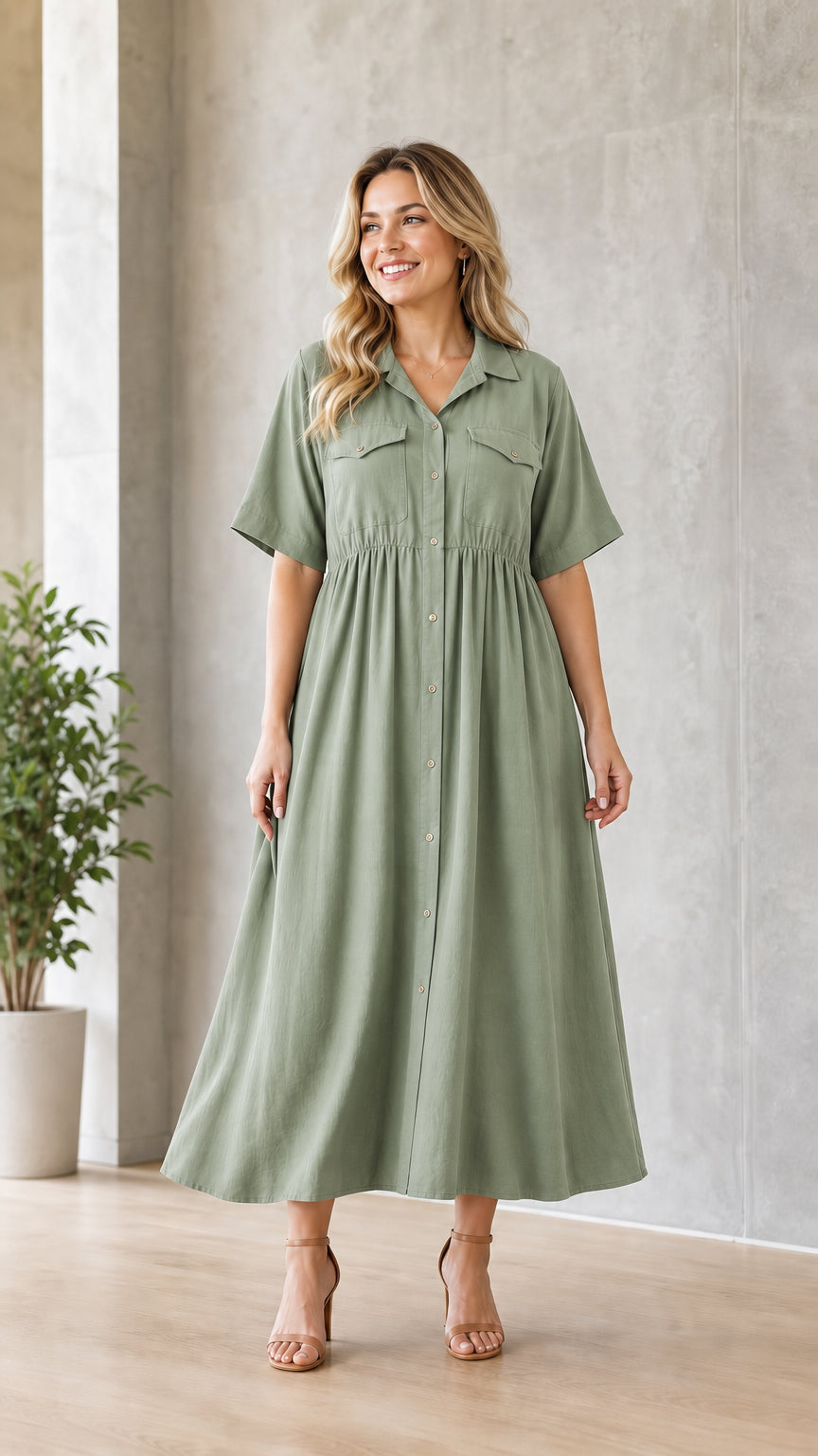 Woman wearing sage green utility midi shirt dress