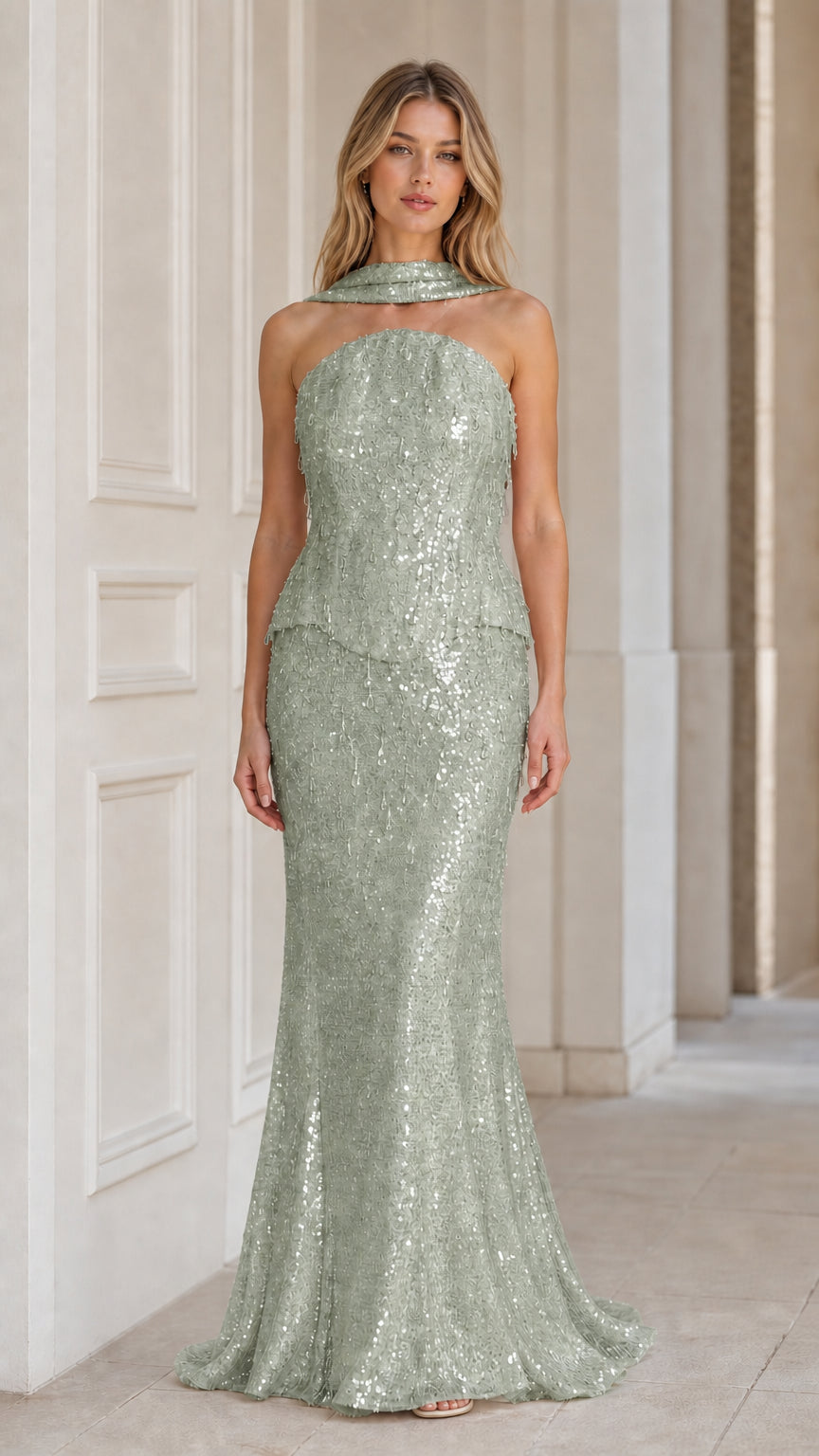 Front view of sage green sequin formal evening dress