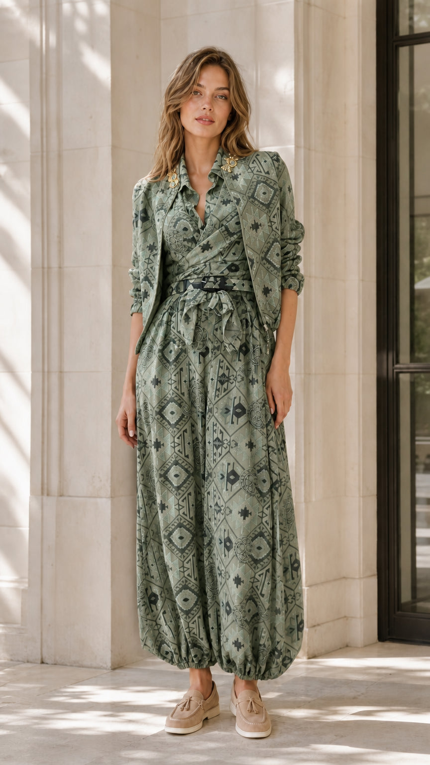 Model wearing sage green geometric print shirt and jumpsuit set