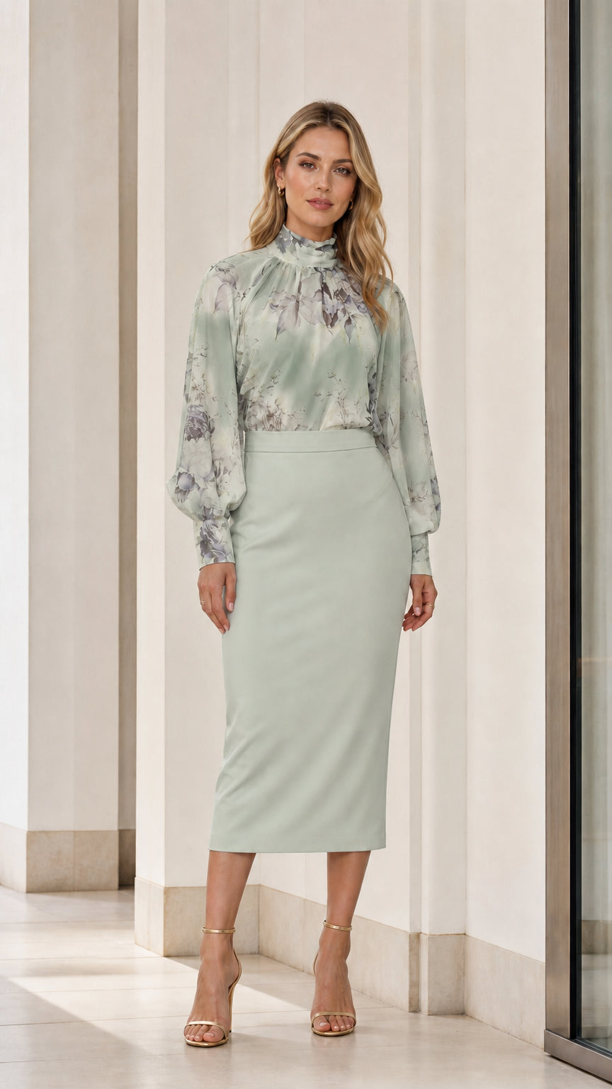 Front view of sage green floral blouse and skirt set