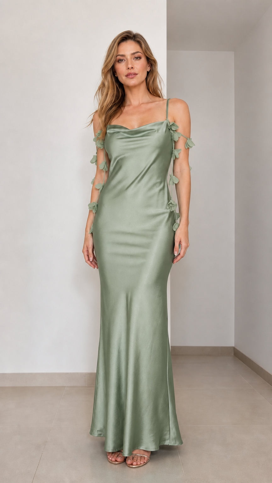 Front view of sage green satin maxi dress