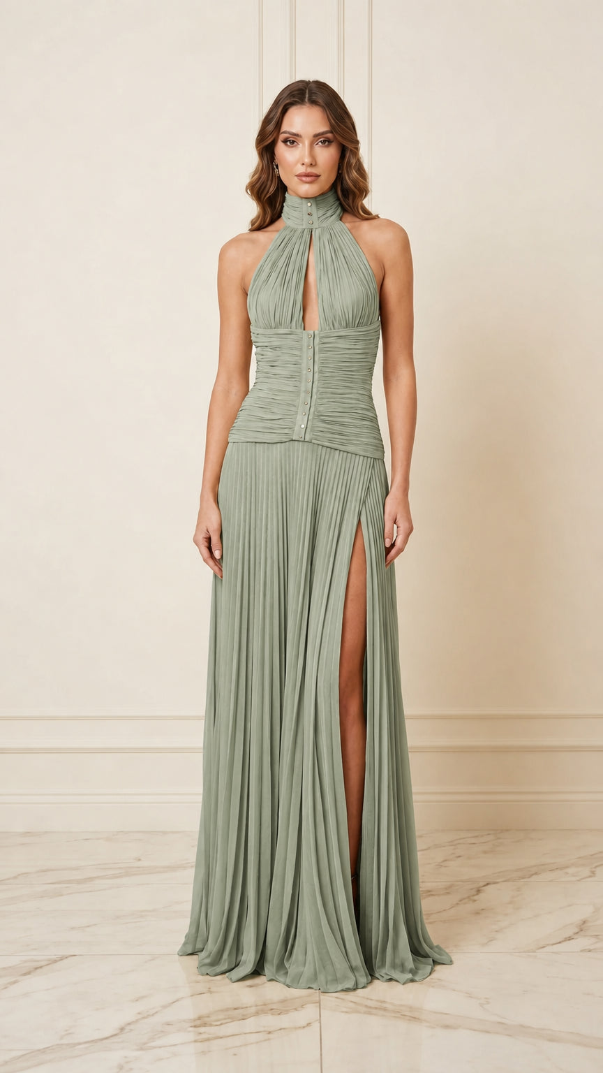 Front view of sage green pleated halter evening dress