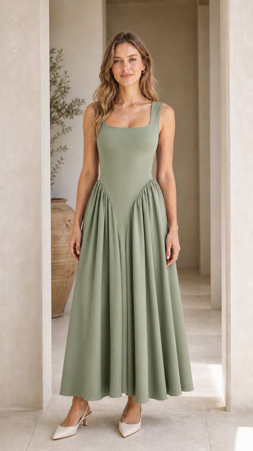 Front full view of woman wearing sage green maxi dress