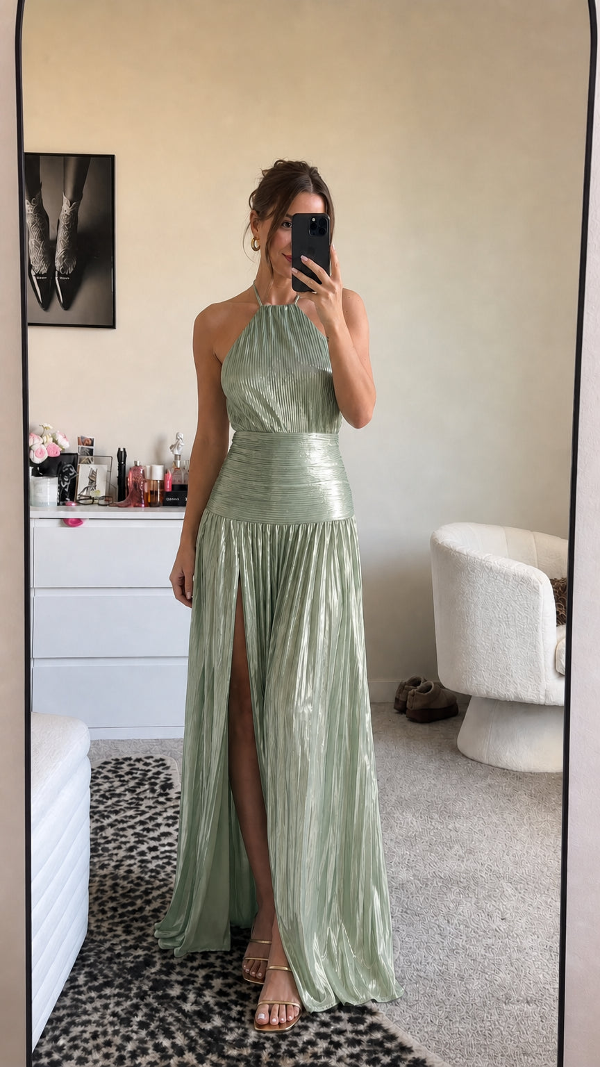 Metallic sage green halter pleated maxi dress with high slit
