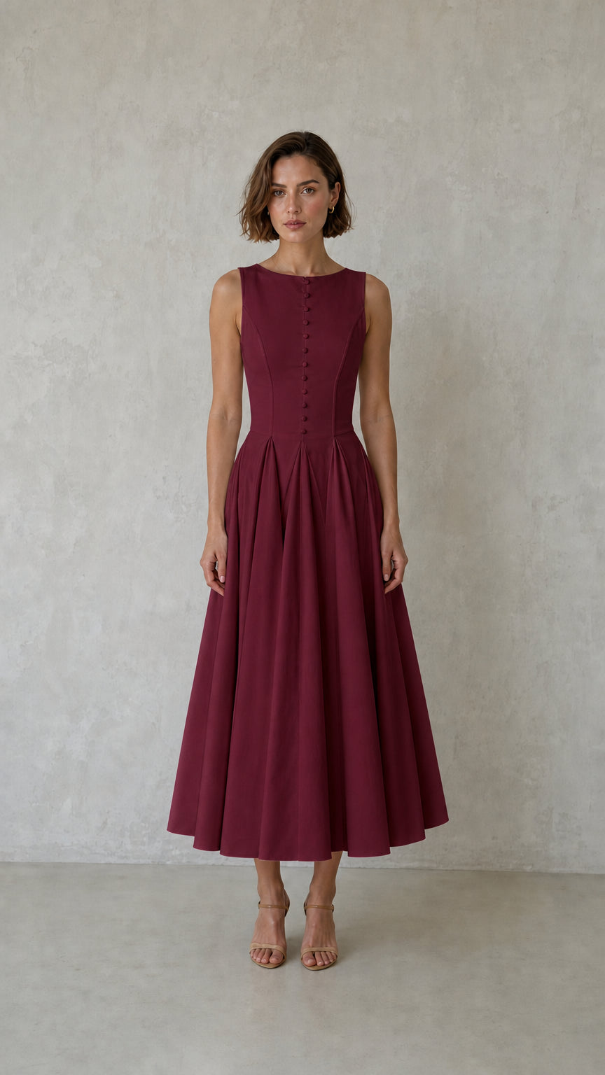 Front view of woman wearing burgundy sleeveless pleated midi dress