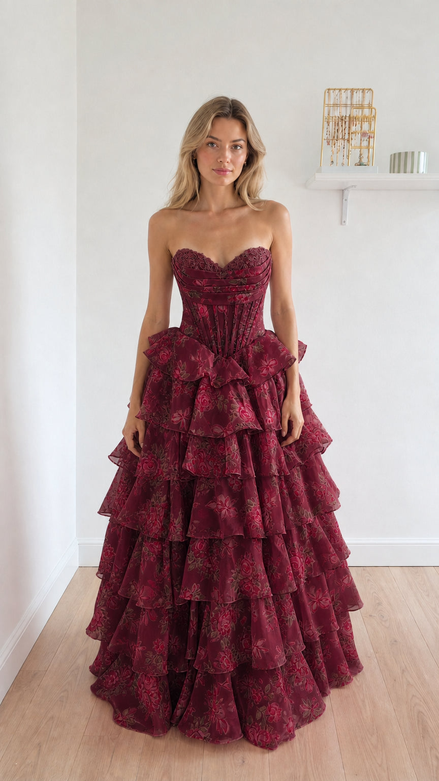 Burgundy floral strapless corset ball gown