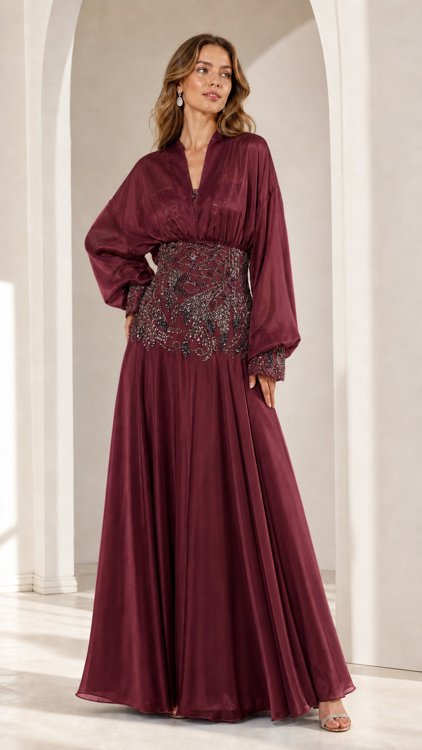 Full view of burgundy elegant evening dress