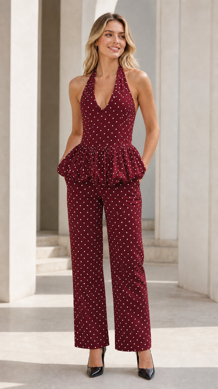 Front view of burgundy polka dot halter peplum jumpsuit