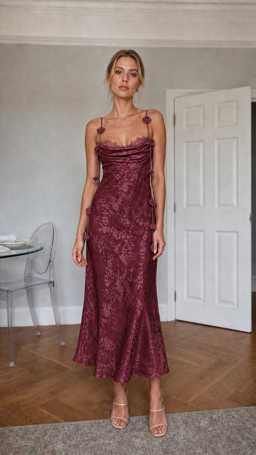 Burgundy satin floral midi dress front view