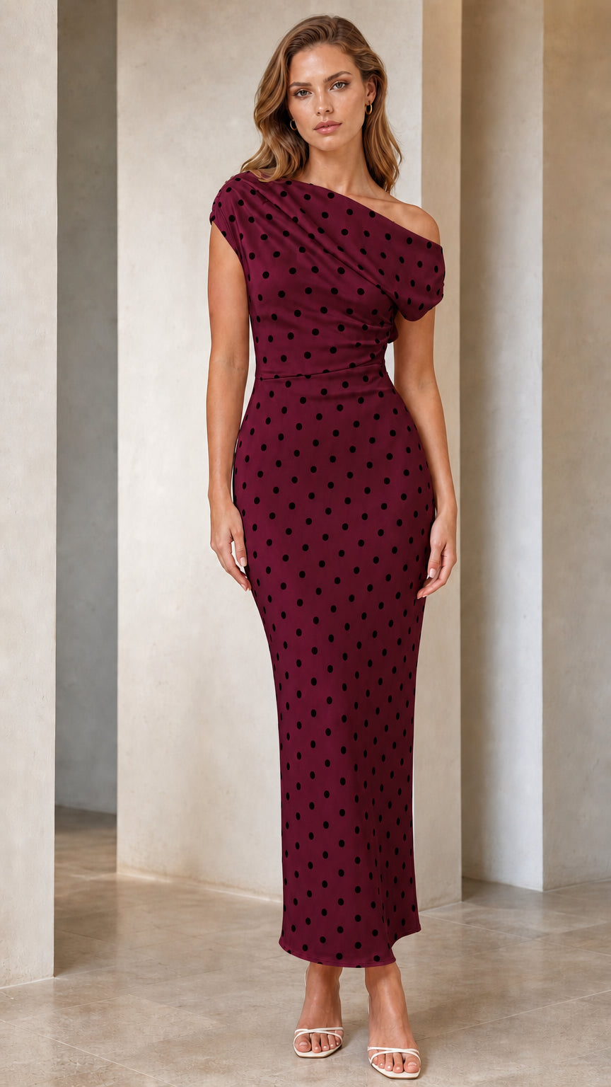 Front view of model wearing burgundy polka dot one-shoulder dress