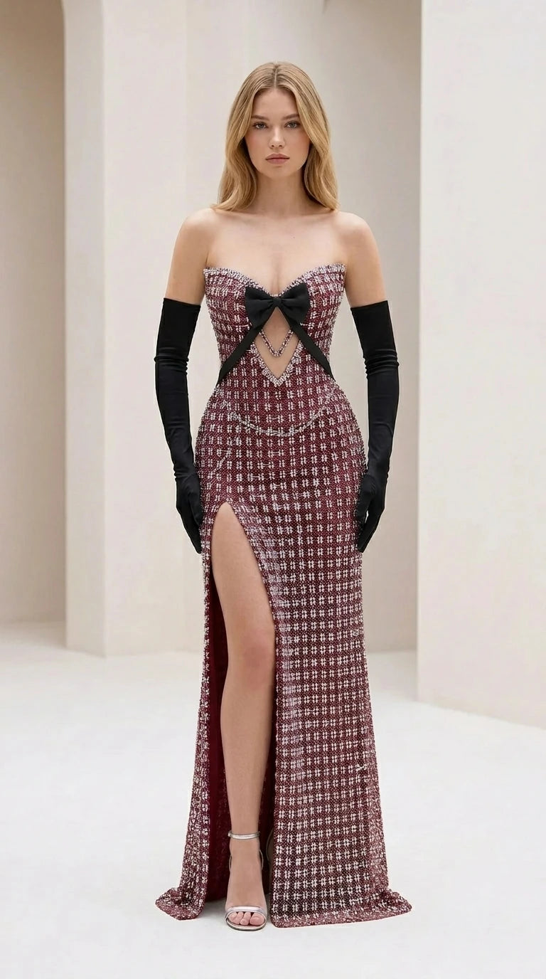 Front view of burgundy crystal embellished strapless evening gown