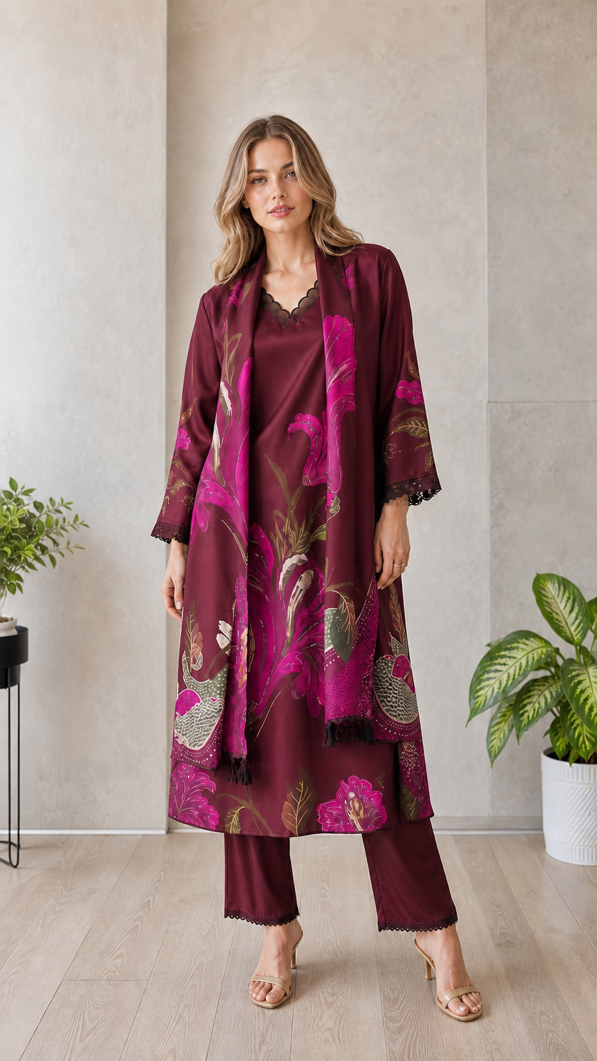 Model wearing burgundy floral 3-piece cardigan set