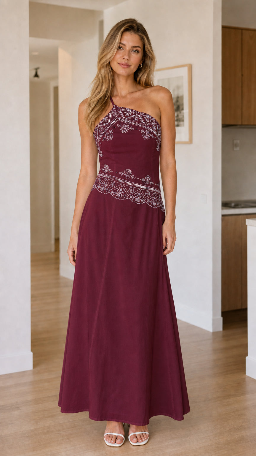 Front view of burgundy one-shoulder embroidered maxi dress