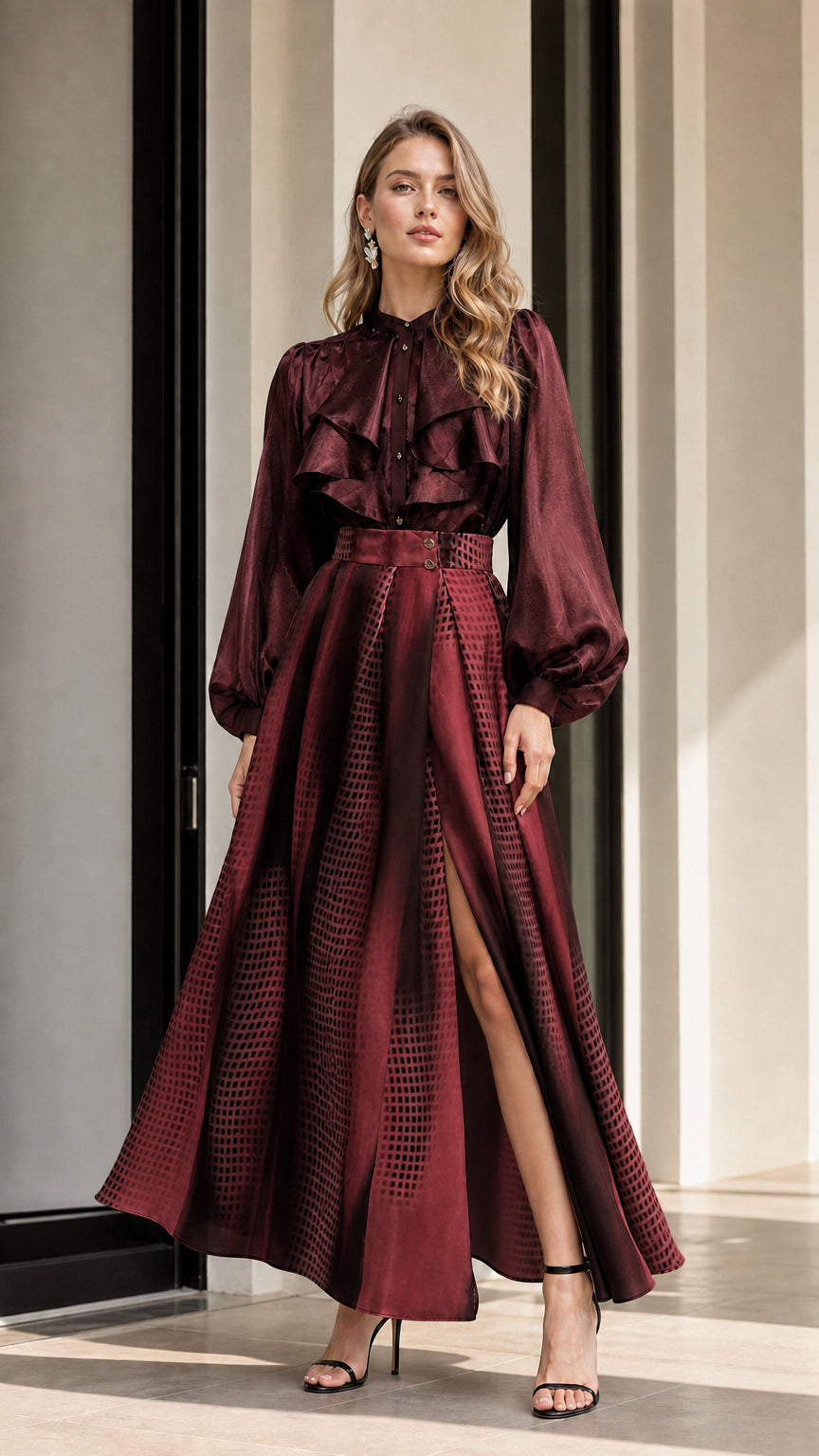Model wearing burgundy gradient maxi skirt with matching blouse