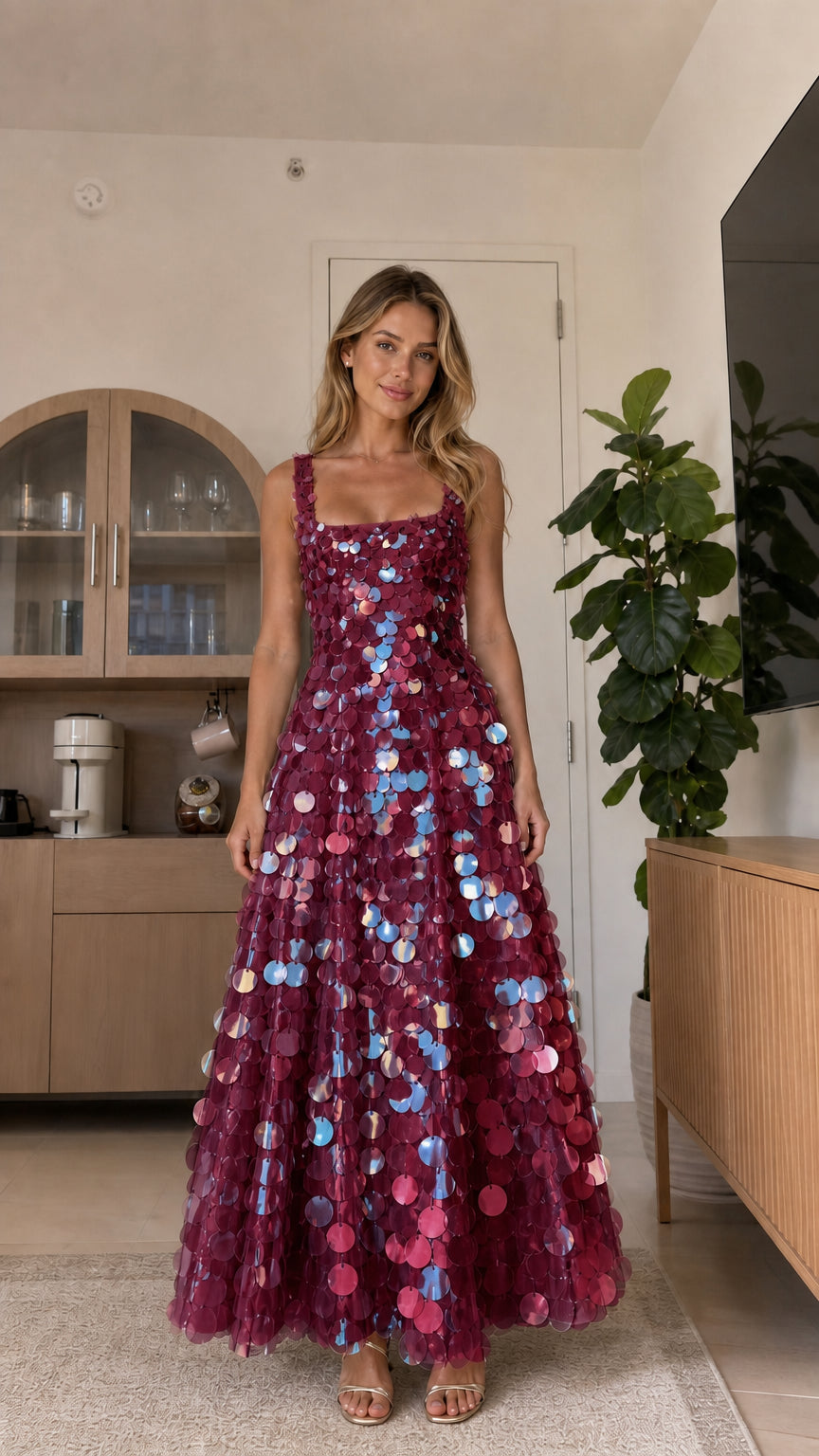 Front view of burgundy sequin maxi dress