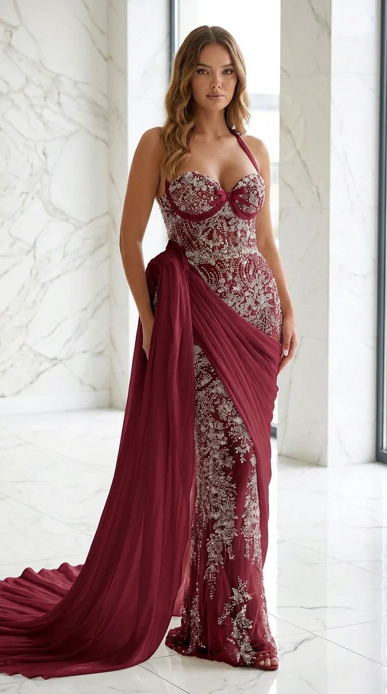 Model wearing deep burgundy beaded evening gown with matching burgundy drape