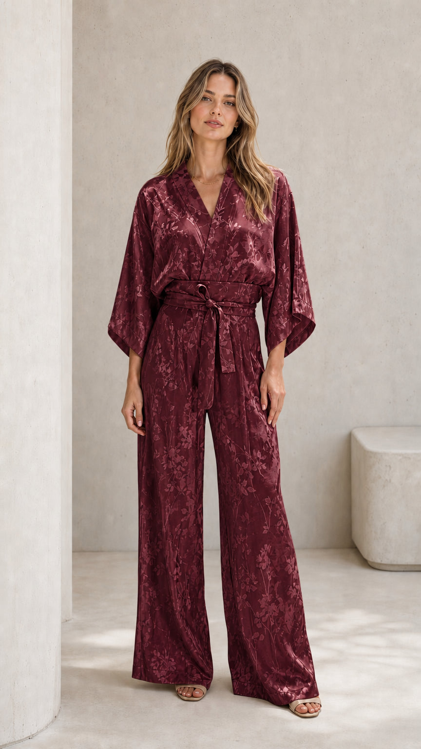 Woman wearing burgundy satin jumpsuit