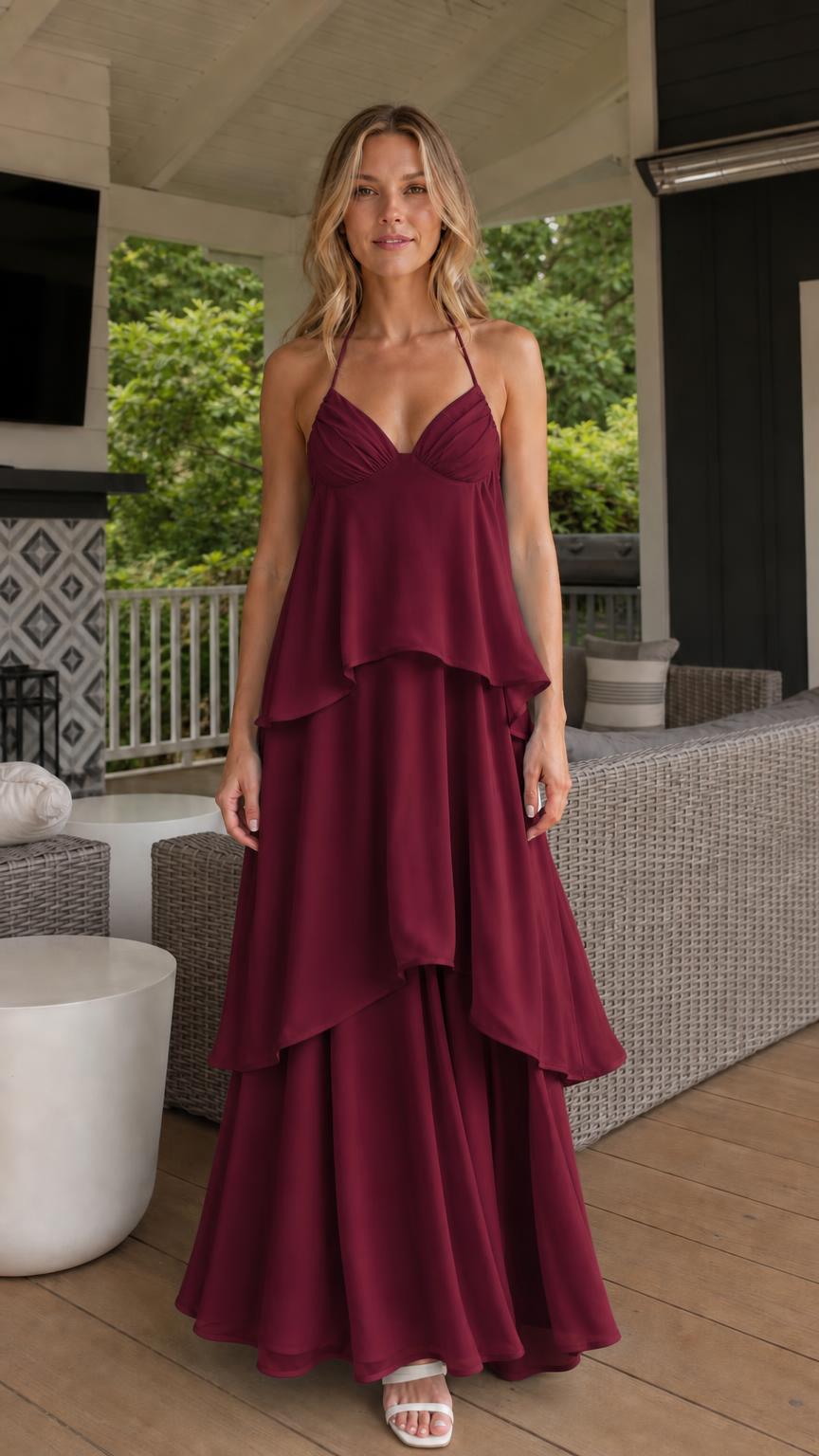 Full length view of burgundy tiered maxi dress