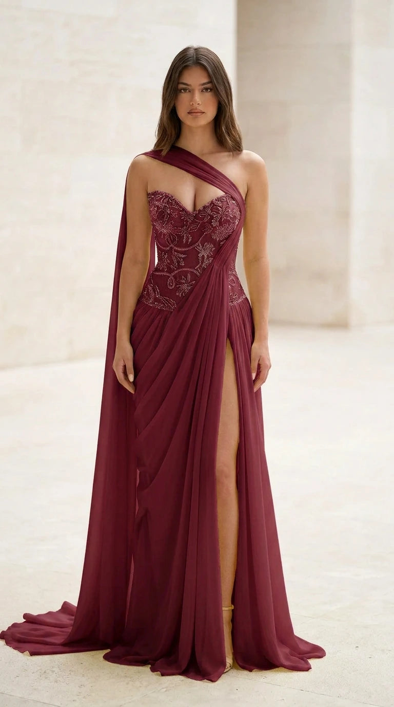 Front view of burgundy evening gown