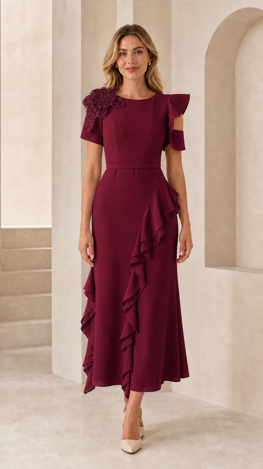 Front view of model wearing burgundy beaded ruffle midi dress