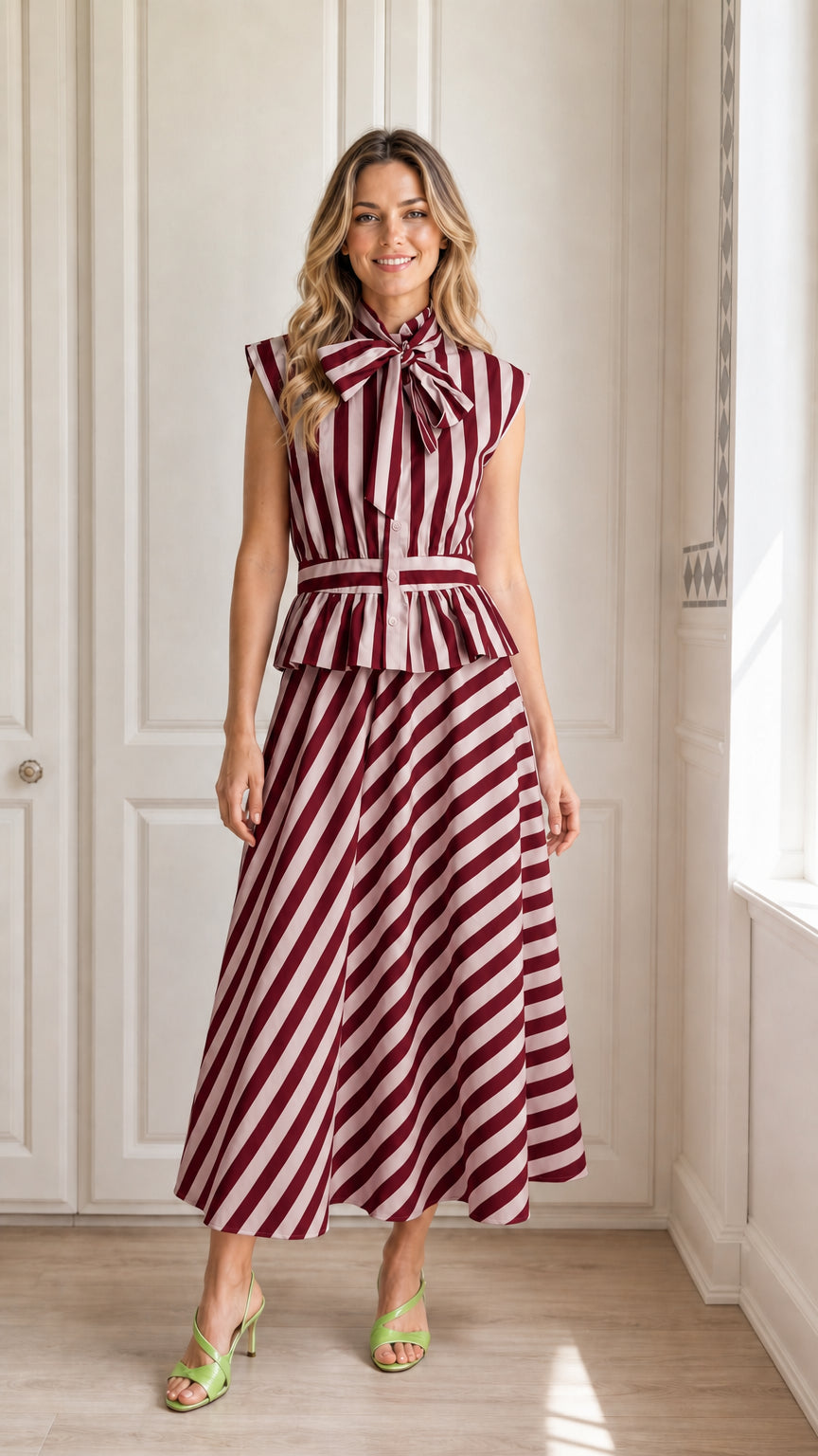 Model wearing burgundy and white striped midi dress