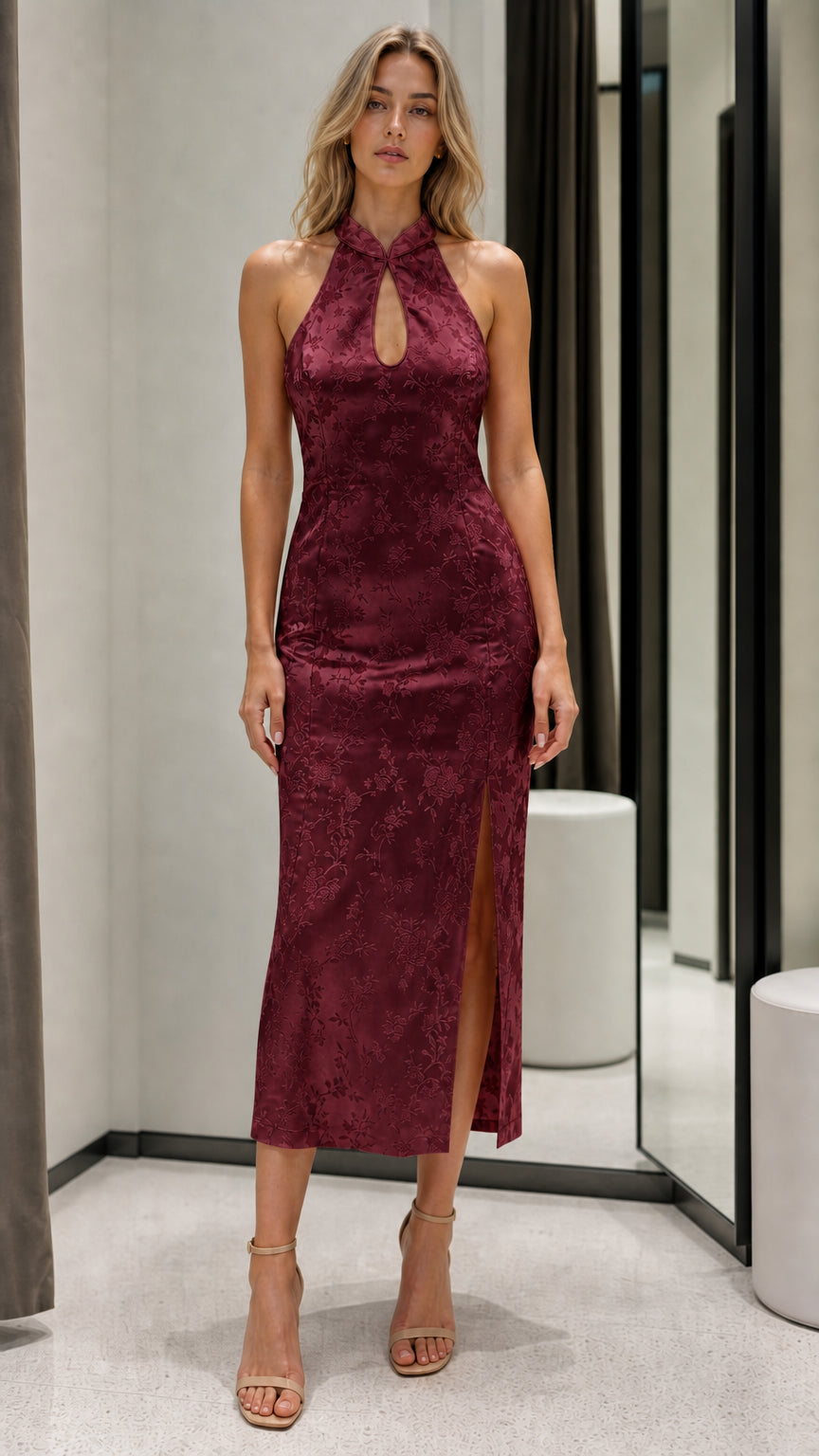 Front full view of burgundy floral jacquard midi dress