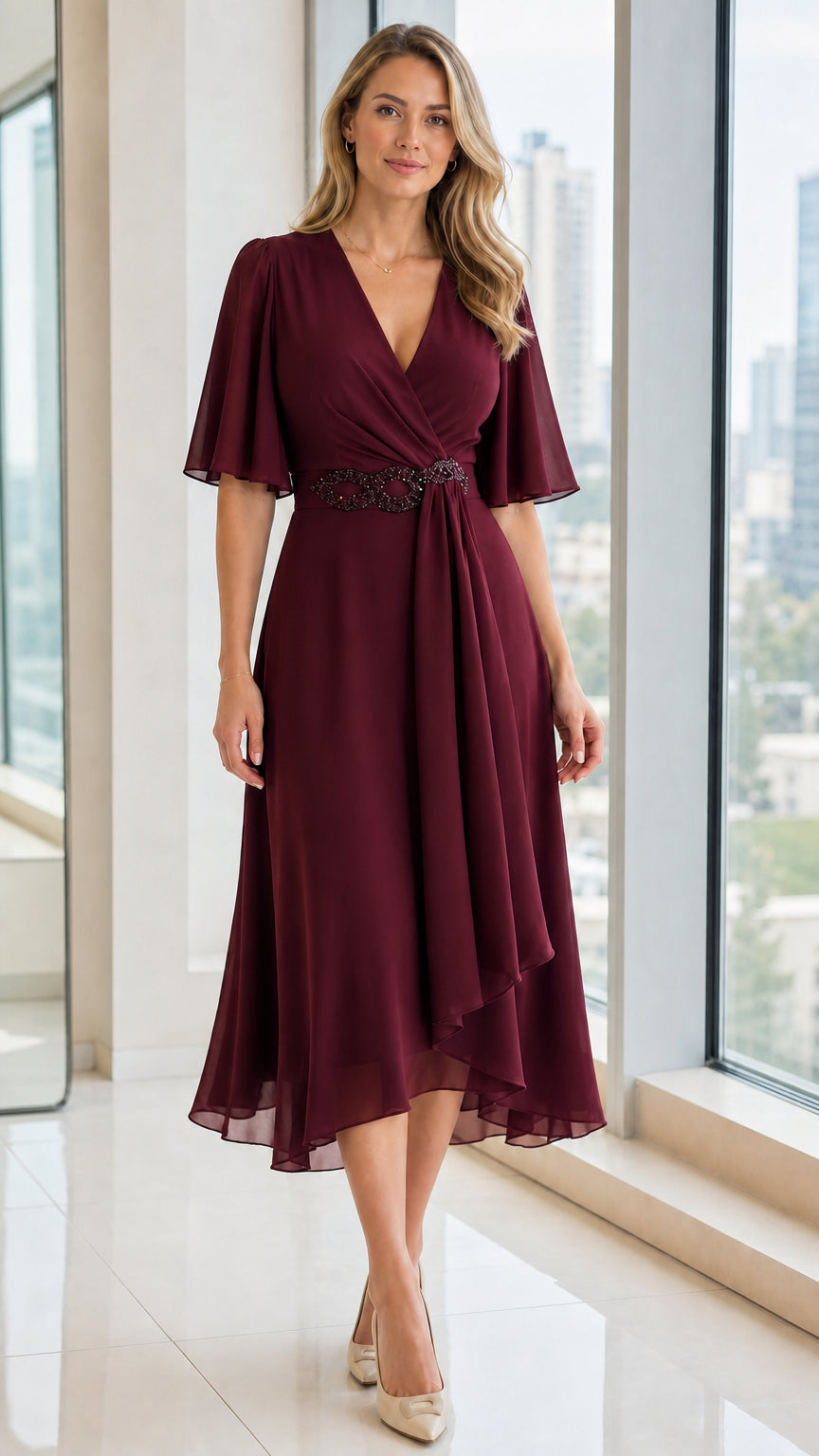 Front view of burgundy V-neck chiffon midi dress on model